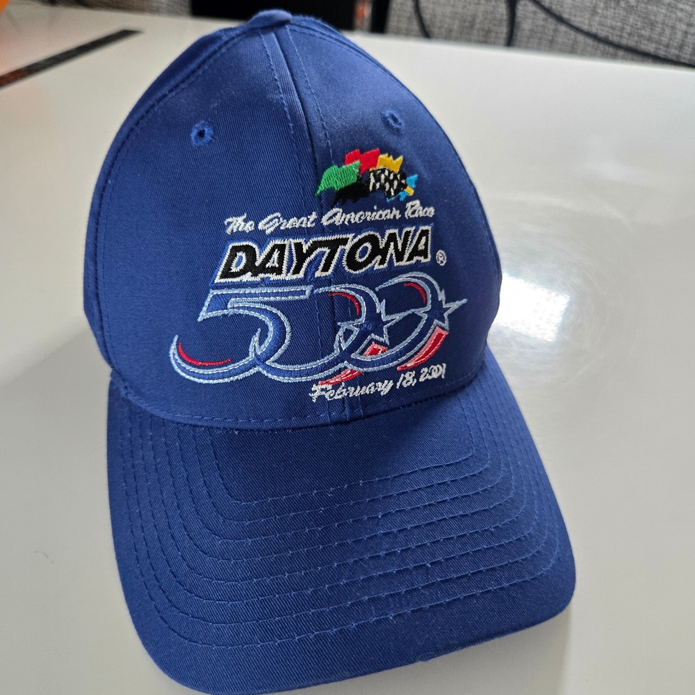 Vtg NASCAR Daytona 500 2001 Great American Race Snapback Hat Blue Checkered Flag